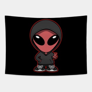 Hooded Space Alien Peace Hand Sign Red Tapestry