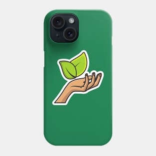 Hand Holding Leaf Sticker vector illustration. Natural products icon concept. Leaf in a hand sign of environmental protection icon. Green leaves and woman hand sticker design logo. Phone Case