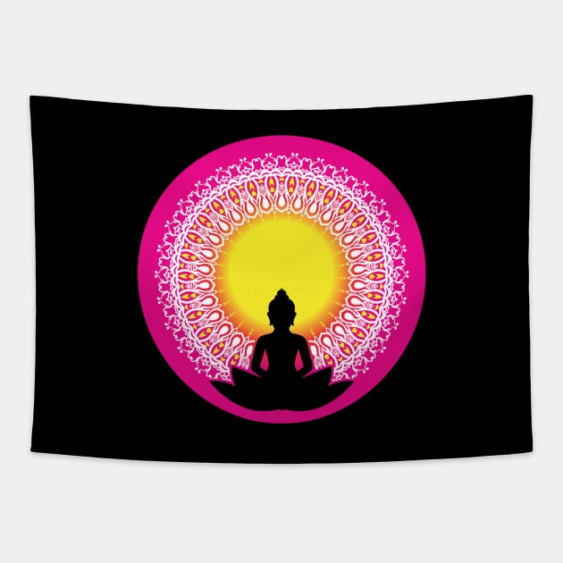 Peaceful Meditating Buddha Silhouette - The Enlightened Soul Mandala Print Design GC-092-15 Tapestry by GraphicCharms