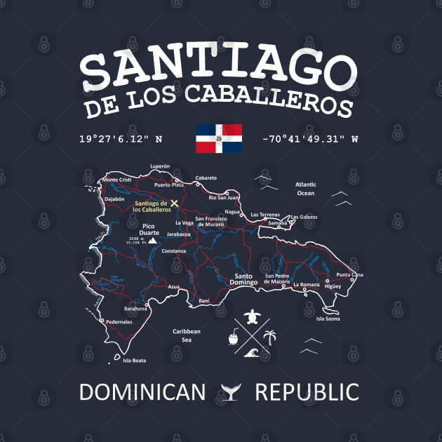 Dominican Republic Map Flag Santiago de los Caballeros Coordinates Roads Rivers and Oceans White by French Salsa