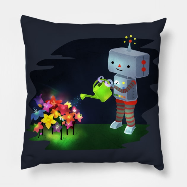 Kawaii Robot and Garden Pillow by LyddieDoodles