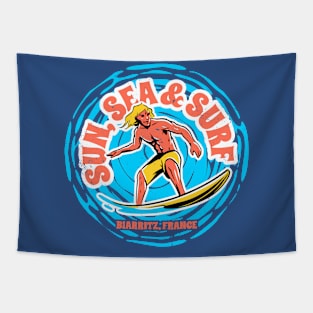 Vintage Sun, Sea & Surf Biarritz, France // Retro Surfing // Surfer Catching Waves Tapestry