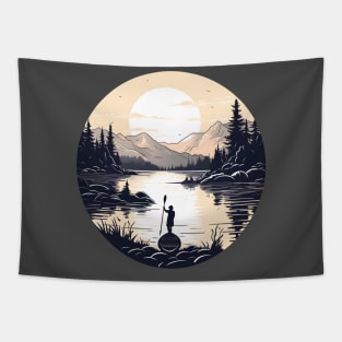 Peaceful Dawn Paddleboarding in Mountainous Lake Scene Tapestry
