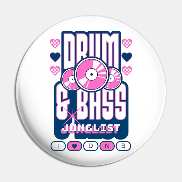 DRUM AND BASS  - 3 Records & Hearts (Navy/Pink) Pin by DISCOTHREADZ 