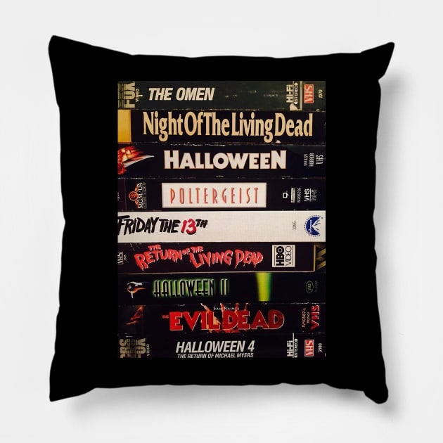 Retro Horror Movies VHS Stacks Pillow by HipHopTees