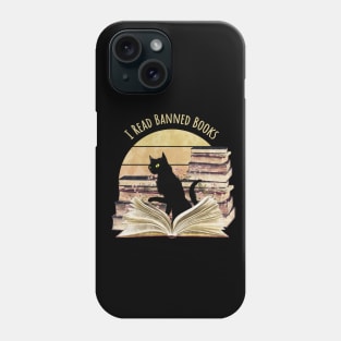 Black Cat reading a banned books, watercolor sunset style, flowers growing from book, cats and books lovers Phone Case