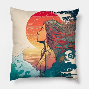 Ocean Waves And Girl With A Smiley Face, Hippie Style Pillow