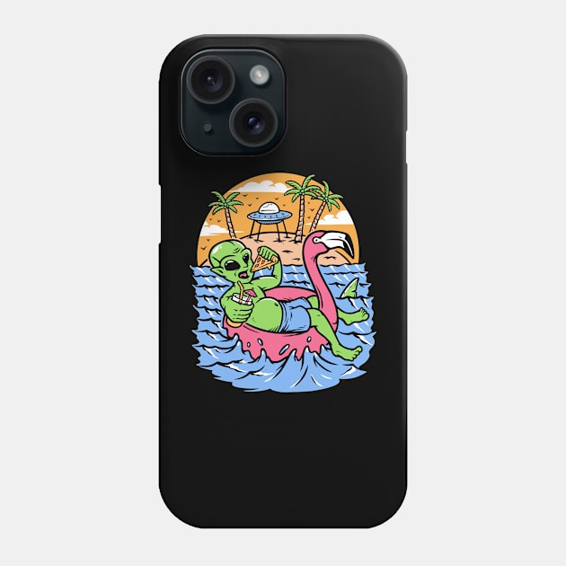 Funny Summertime Alien Eating Pizza on a Pink Flamingo Floatie Phone Case by SLAG_Creative