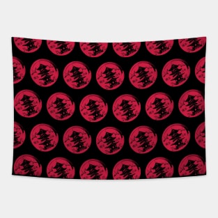 Black pagoda on a red circle with storks pattern Tapestry