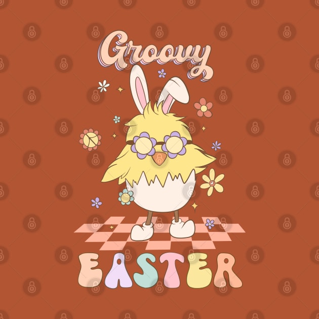 Groovy Easter Funny Chick with Bunny Ears Dancing on the floor by JDVNart