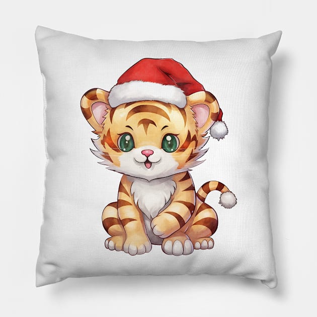 Bengal Tiger in Santa Hat Pillow by Chromatic Fusion Studio