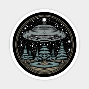 Vintage alien saucer over the forest Magnet