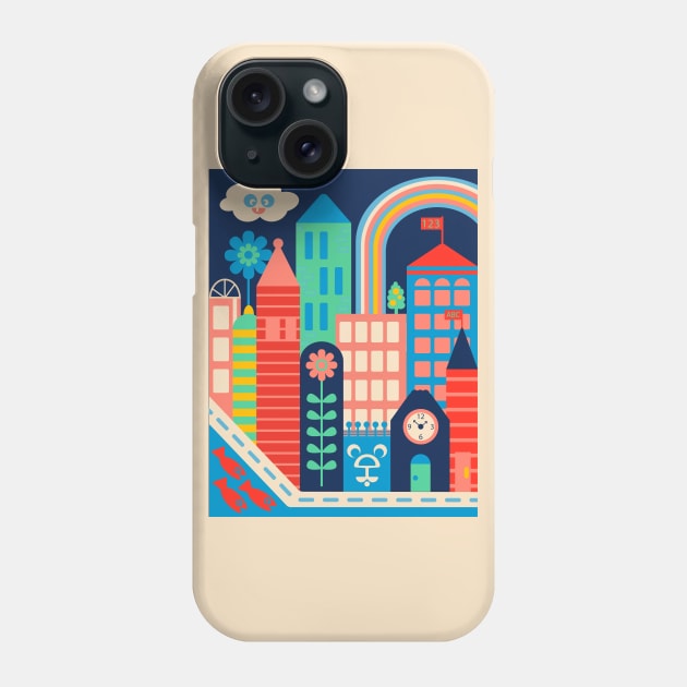 CITY KIDS Cityscape Cute Kawaii Cloud Buildings Rainbow Flower and Hidden Bear Face - UnBlink Studio by Jackie Tahara Phone Case by UnBlink Studio by Jackie Tahara