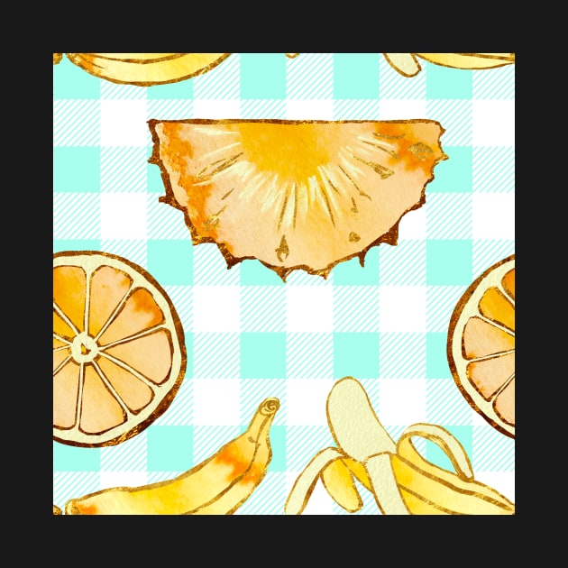 blue, mint, square, pineapple, banana, yellow, orange, juicy, fruit, glitter, gold, summer, pattern, funny, sunny by ArtInPi