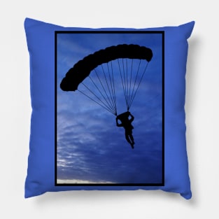 Parachuter Silhouette in Beautiful Blue Sky with a Black Border Pillow