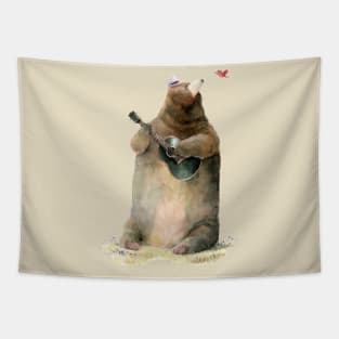 Bear & Guitar: Peaceful Watercolor Serenade Tapestry