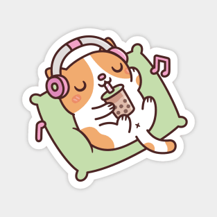 Cute Cat Chilling With Music And Bubble Tea Magnet