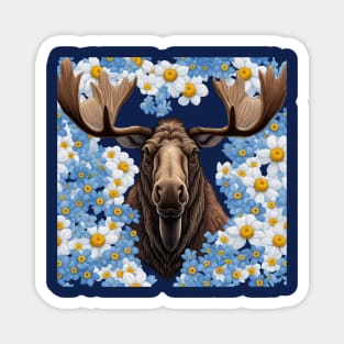 Moose And Alaska Forget-Me-Not Flowers Magnet