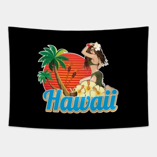 Hawaii Beautiful Hula Girl Sunset Palmes Tapestry