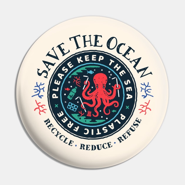 Save The Ocean - Please Keep the Sea Plastic Free - Octopus Scene Pin by bangtees