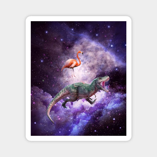 Galaxy Flamingo Riding Dinosaur In Space - Rainbow Magnet by Random Galaxy