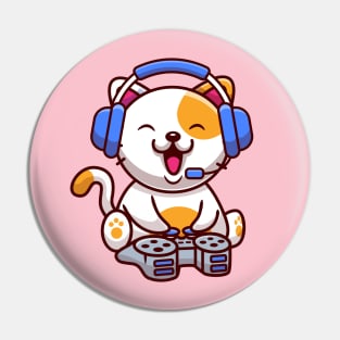 Cute Cat Gaming With Headphone And Console Pin