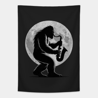 Saxophone Sasquatch Moon Believer Bigfoot Squatch Yeti Sax Player Tapestry