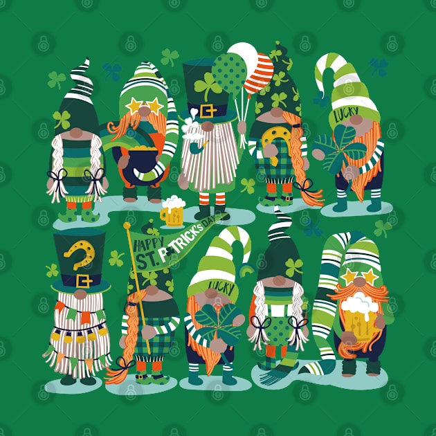 Saint Patricks gnomes // spot illo // aqua background parade with green and orange gnomes Leprechaun shamrock four leaf clovers Irish Ireland folklore by SelmaCardoso