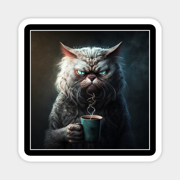 Funny Mean Looking Cat  Drinking Coffee, Coffee Cat Lover Magnet by logiamerch
