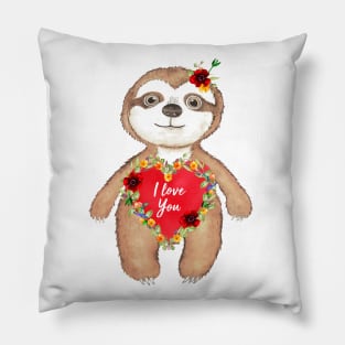 Cute Valentines Sloth bear I love you in watercolor Edit Pillow