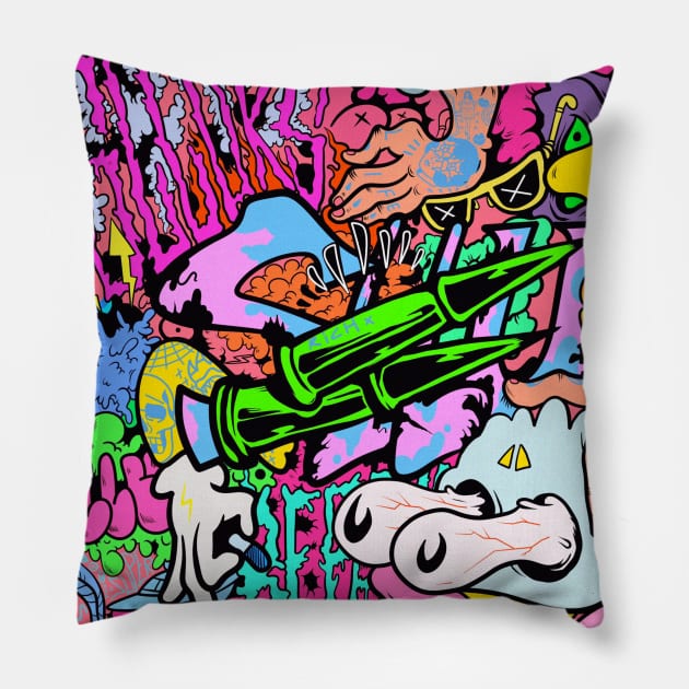 Colorful Slluks montage graffiti illustration Pillow by slluks_shop