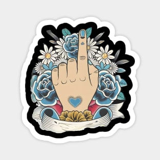Shows a Hand With the Index Finger Raised,  Surrounded by Blue and white Flowers with Green Leaves and a Banner Below Magnet