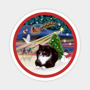 "Christmas Magic" with a Black and White Tuxedo Cat Magnet