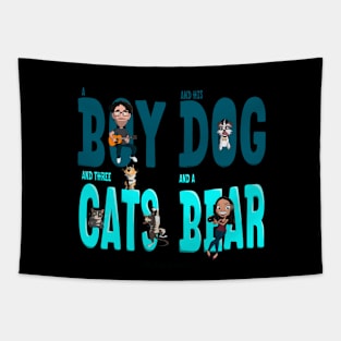 A Boy And His Dog And Three Cats And A Bear Tapestry