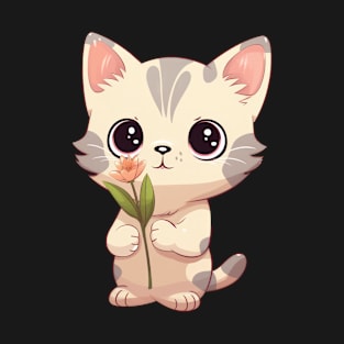 Cute Kitten with Flower Illustration T-Shirt