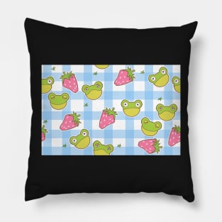 Cottagecore Froggies on Blue Gingham Pillow