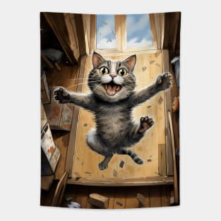 Jumping tabby cat Tapestry