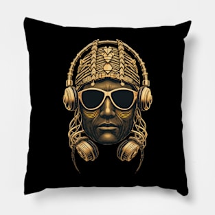 Vector Drawing - Golden Portrait of a Hip-Hop Artist in Headphones and Sunglasses. Pillow