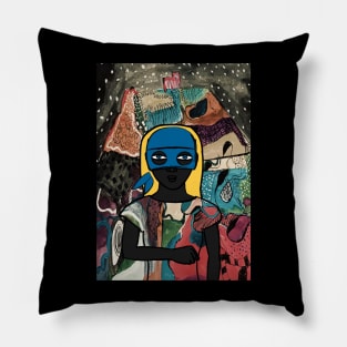 0x NFT: Unveiling the FemaleMask Art with Basic Blue Eyes, Gray Skin, and Enigmatic Mystery Night Background Pillow