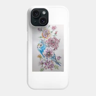 Blue Budgie and Rose Watercolor Painting Phone Case