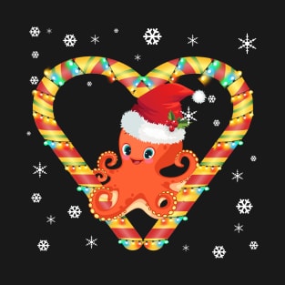 Cute Octopus Candy Cane Heart Funny Christmas Light Gift T-Shirt