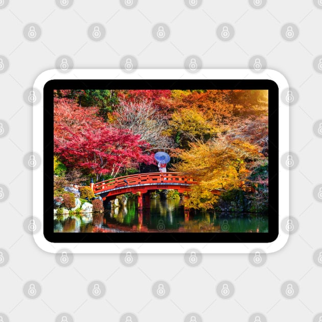 Asian Woman Wearing Japanese Traditional Kimono in Autumn Park Japan Magnet by benayache