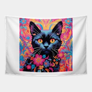 Colorful Flower Black Cat Art - Captivating Design Tapestry