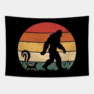 Bigfoot Sasquatch Walking With Striped Skunk Vintage Sunset Wild Animal Tapestry