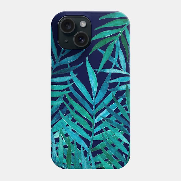 Watercolor Palm Leaves on Navy Phone Case by micklyn