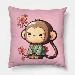 Asian monkey with spring flowers Pillow