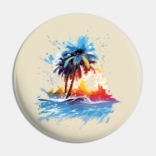 Bold and Colorful Ocean Graphic with Palm Trees and Beach Splats Pin