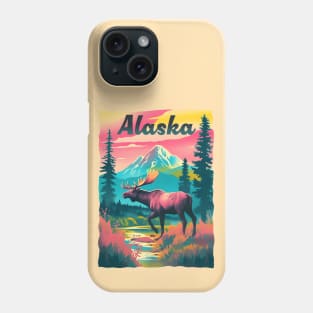 Alaska Moose Mountain Trees Retro Risograph Design Souvenir Phone Case