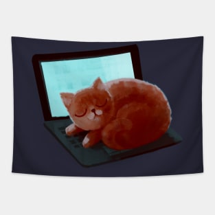 Cute Ginger Cat Asleep on a Laptop Tapestry
