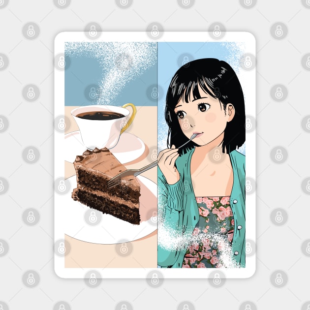Kawaii Girl enjoying Chocolate Cake Magnet by souw83